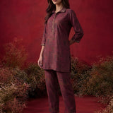 Wine All Over Printed Cotton Straight Co-Ord Set
