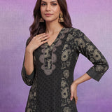 Grey Printed Cotton Panelled Kurta Set