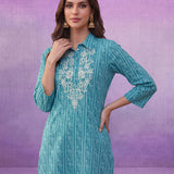 Aqua Blue All-Over Printed Cotton Cambric Straight Kurti