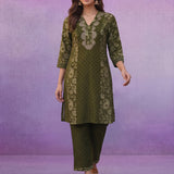 Green Printed Cotton Panelled Kurta Set