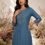 Blue Resham Embroidered Kurti