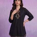 Black Cotton Slub Applique Dori Work Co-ord Set