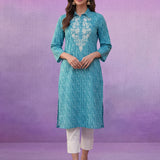 Aqua Blue All-Over Printed Cotton Cambric Straight Kurti