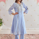 Ayesha Ice Blue Embroidered Panelled A-Line Suit Set