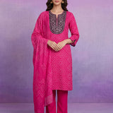 Fuchsia Cotton Blend Printed Dori Suit Set