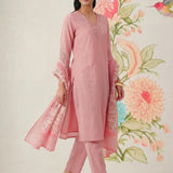 Afsana Pink Cotton Bend Embroidered A-line Suit Set with Dupatta