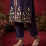 Ibadat Deep Purple Floral Embroidered Rayon V-neck Kurta Set with Pockets