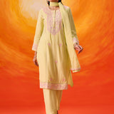 Kora Green Cotton Blend Embroidered Suit Set with Dupatta