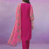 Fuchsia Printed Suit Set with Applique Neckline