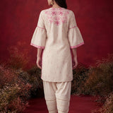Gulshan Ivory with Fuschia Printed Cotton Linen Kurta for Women