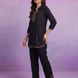 Black Cotton Slub Applique Dori Work Co-ord Set