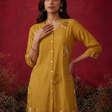 Yellow Brown A-Line Resham Co-ord Set