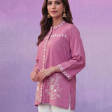 Pink Embroidered Cotton Slub Relaxed Top
