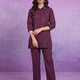 Purple Floral Embroidered Straight Co-ord Set