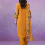 Yellow Printed Suit Set with Applique Neckline