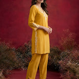 Mustard Embroidered Cotton Blend Regular Kurta Set