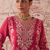 Joy Carmine Red Embroidered Rayon Salwar Suit Set with Dupatta