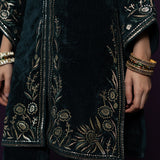 Paro Green Resham Embroidred Velvet Long Co-ord Set