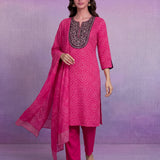 Fuchsia Cotton Blend Printed Dori Suit Set
