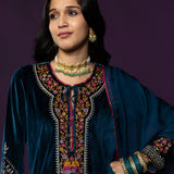 Keyari Teal Embroidered Velvet Salwar Suit Set with Dupatta
