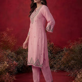 Albeli Baby Pink Embroidered A-line Suit Set with Dupatta