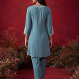 Teal Embroidered Cotton Blend Regular Kurta Set