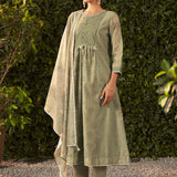 Amaya Green Printed Chanderi Suit Set with Dupatta