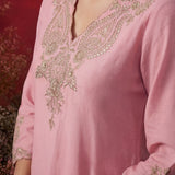 Pink Embroidered Cotton Blend Regular Kurta Set