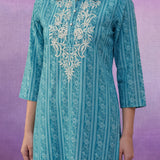 Aqua Blue All-Over Printed Cotton Cambric Straight Kurti