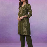 Green Printed Cotton Panelled Kurta Set