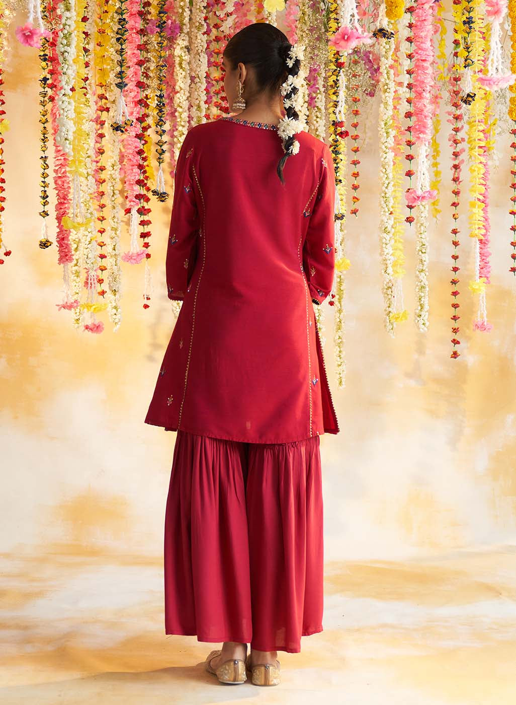Red Kurta Set With Multi-Colour Embroidery