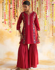 Red Kurta Set With Multi-Colour Embroidery