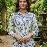 Moira Navy Blue Printed Moss Crepe Shirt for Women