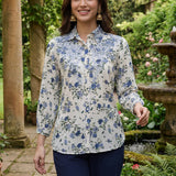 Moira Navy Blue Printed Moss Crepe Shirt for Women