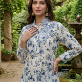 Moira Navy Blue Printed Moss Crepe Shirt for Women