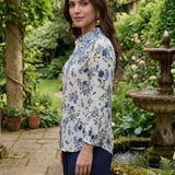 Moira Navy Blue Printed Moss Crepe Shirt for Women
