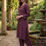 Jashn Daisy Purple Self Embroidered Satin V-neck Straight Long Co-ord Set