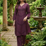 Jashn Daisy Purple Self Embroidered Satin V-neck Straight Long Co-ord Set