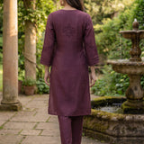 Jashn Daisy Purple Self Embroidered Satin V-neck Straight Long Co-ord Set