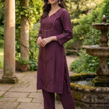 Jashn Daisy Purple Self Embroidered Satin V-neck Straight Long Co-ord Set