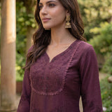 Jashn Daisy Purple Self Embroidered Satin V-neck Straight Long Co-ord Set