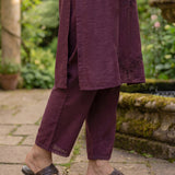 Jashn Daisy Purple Self Embroidered Satin V-neck Straight Long Co-ord Set