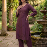 Jashn Daisy Purple Self Embroidered Satin V-neck Straight Long Co-ord Set