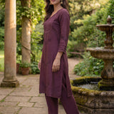Jashn Daisy Purple Self Embroidered Satin V-neck Straight Long Co-ord Set