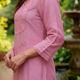 Jashn Light Peach Self Embroidered Satin V-neck Straight Long CO-ord Set