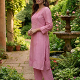 Jashn Light Peach Self Embroidered Satin V-neck Straight Long CO-ord Set