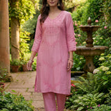 Jashn Light Peach Self Embroidered Satin V-neck Straight Long CO-ord Set