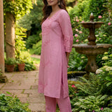 Jashn Light Peach Self Embroidered Satin V-neck Straight Long CO-ord Set