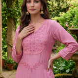 Jashn Light Peach Self Embroidered Satin V-neck Straight Long CO-ord Set