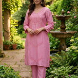 Jashn Light Peach Self Embroidered Satin V-neck Straight Long CO-ord Set